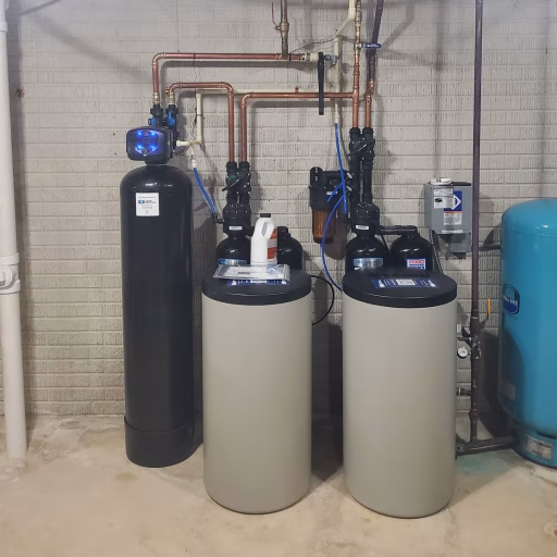 Complex Kinetico system with dual brine tanks and DROP iron filter installed by Water Doctors to treat tannins and hard water in Southeast Wisconsin home
