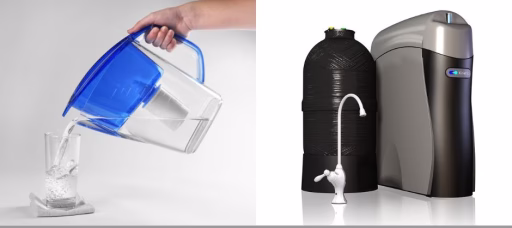 Side-by-side comparison of a carbon filter pitcher and a reverse osmosis system showing key differences in water filtration.