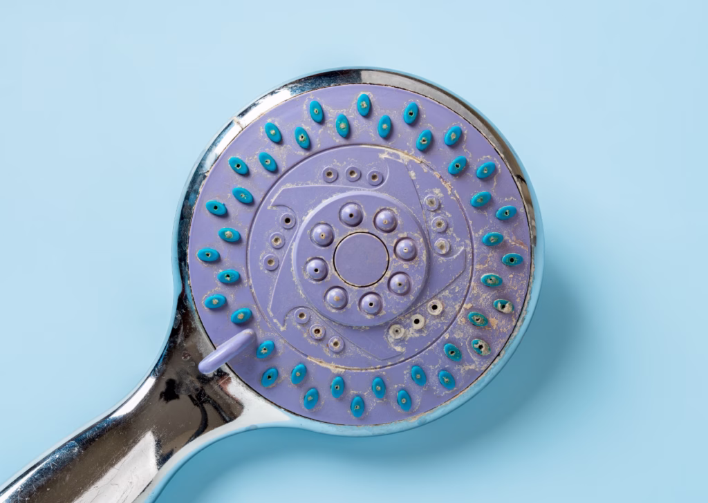 Bathroom fixture covered in hard water scale from mineral buildup in SE Wisconsin